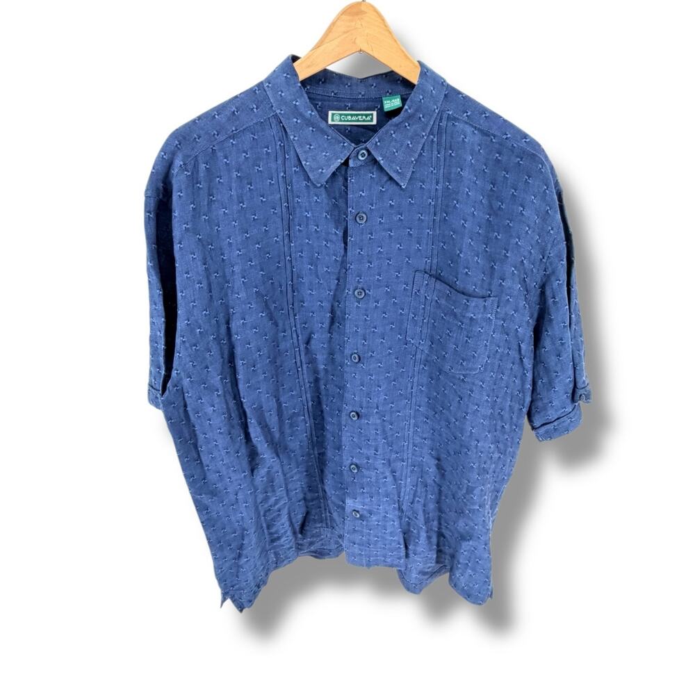 Cubavera Mens XXL Linen Blend Camp Shirt Blue Jacquard Dobby Short Sleeve Button